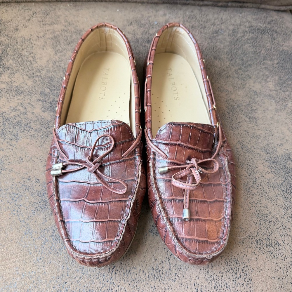 CTalbots Brown Croc Embossed Leather Driving Loafers Classic Womens 8M - Picture 5 of 7